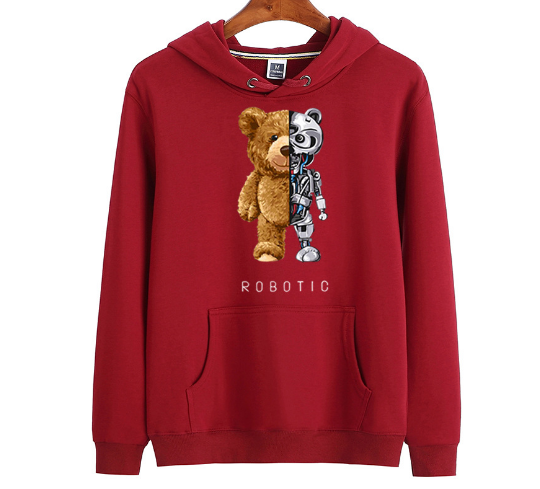 Bordeauxrode hoodie met opvallende teddybeer-robotprint