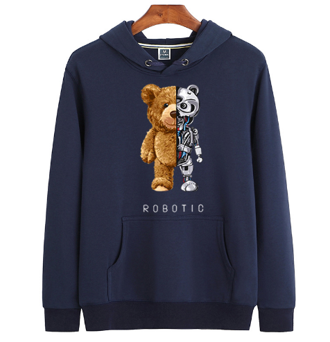 Donkerblauwe hoodie met creatief half teddybeer half robot motief