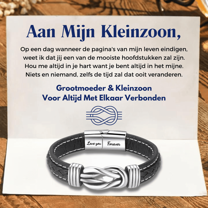 Infinity leren armband met gravure 'Love you Forever', zwart leer, roestvrij staal, cadeau voor kleinzoon, stijlvol design.