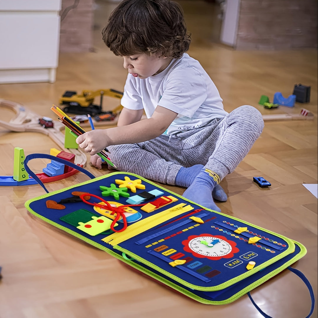 Interactief 25-in-1 educatief sensorisch drukpaneel voor peuters, kleurrijke knoppen en vormen stimuleren ontwikkeling.