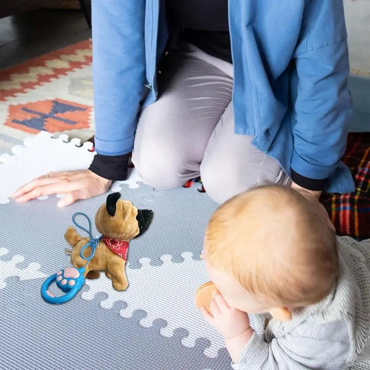 "Interactieve pluchen puppy beige-bruin, elektronisch speelgoedhond met afstandsbediening en riem, kinderspeelgoed."