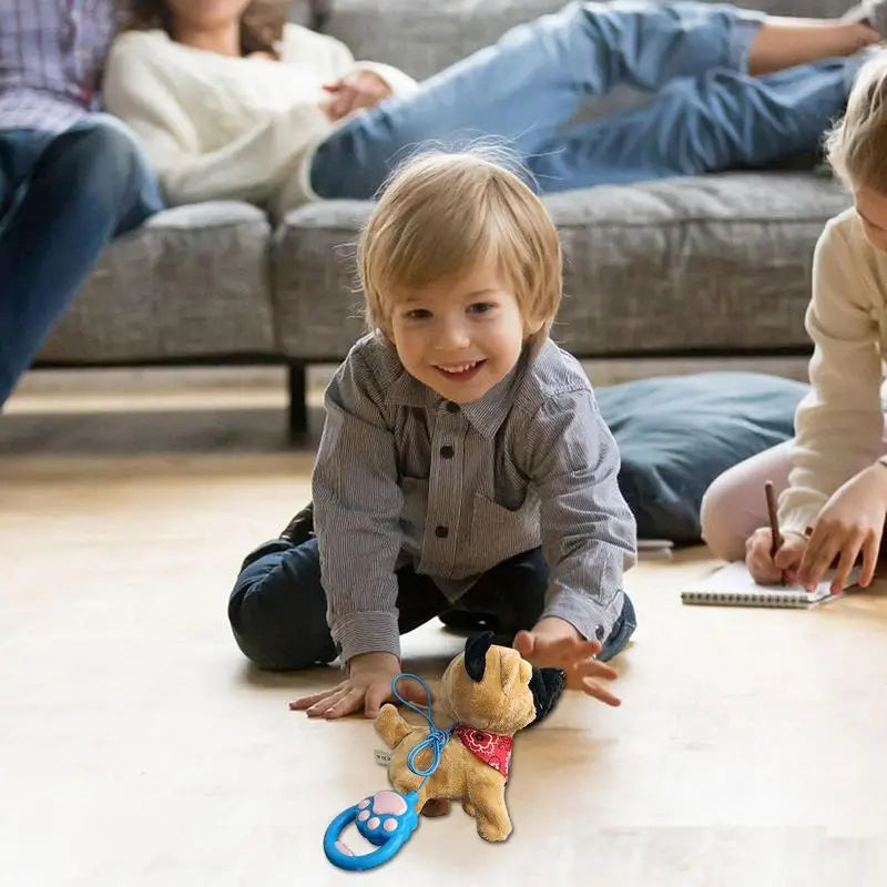 "Interactieve pluchen puppy beige-bruin, elektronisch speelgoedhond met afstandsbediening en riem, kinderspeelgoed."