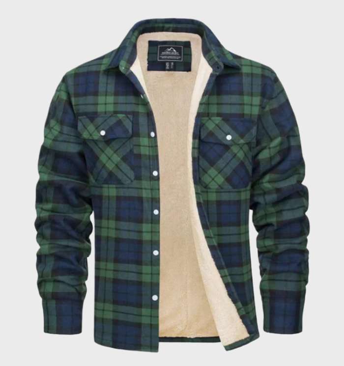 Heren flanellen overshirt in groen en marineblauw ruitpatroon met beige voering