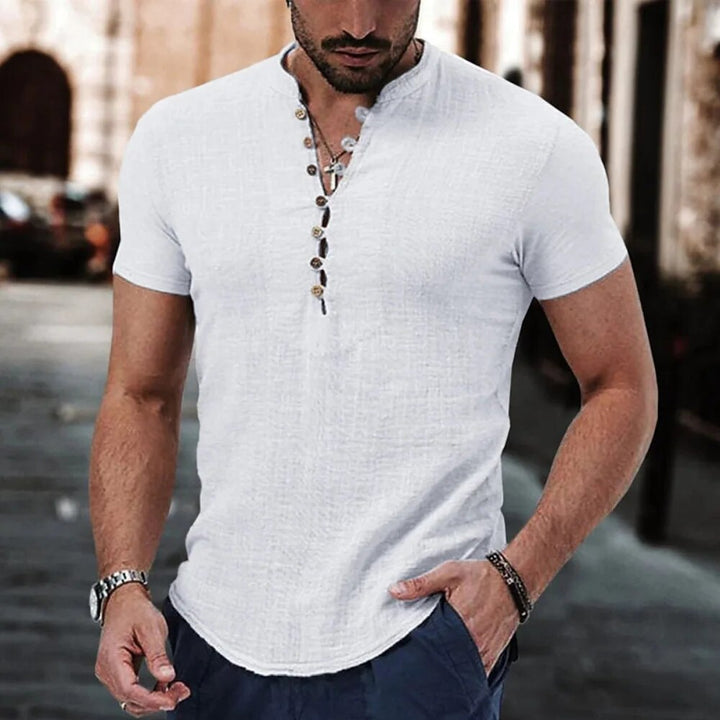 Heren wit V-hals shirt met details van knopen op de borst