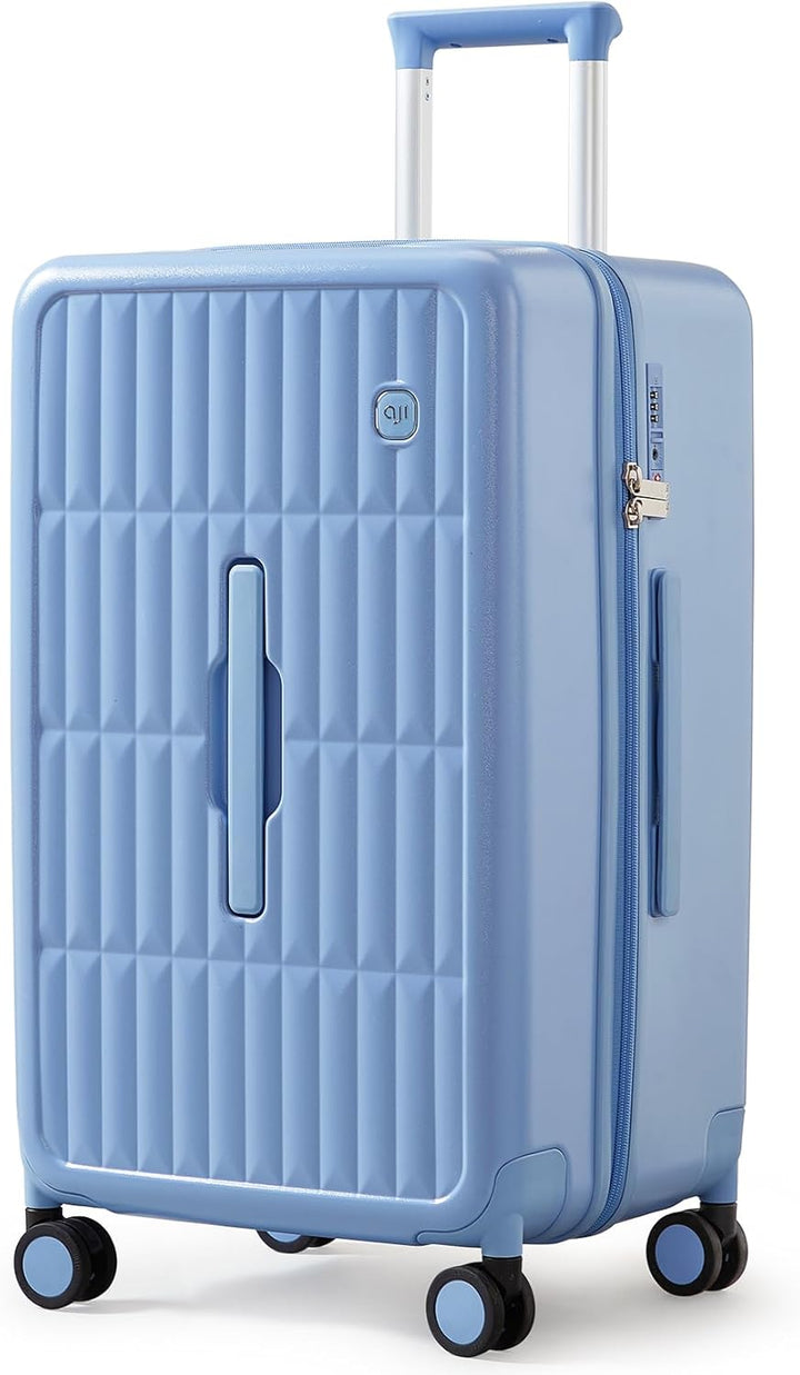 Unisex grote harde koffer in kaasgeel met 8 spinnerwielen voor comfortabel en veilig reizen.