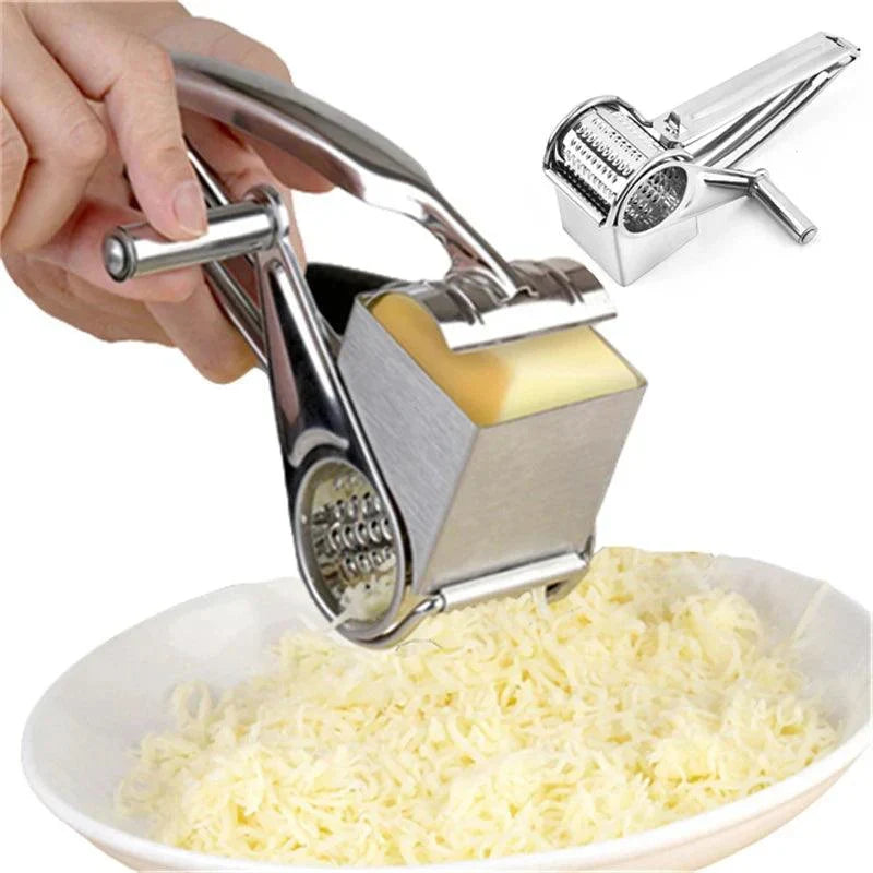 "Kaasrasp roestvrij staal met verwisselbare trommels, handmatig ontwerp voor veelzijdig gebruik in de keuken."