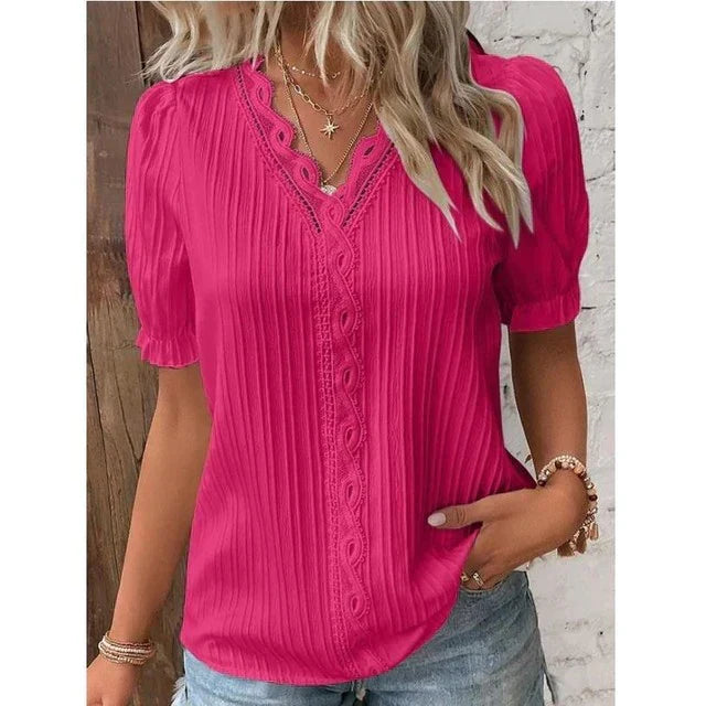 "Kanten blouse korte mouwen, elegante witte stof, perfect voor formele en casual gelegenheden, ademend en stijlvol."