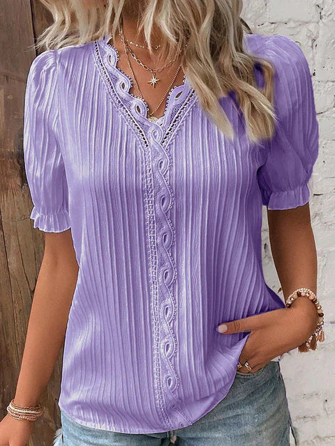"Kanten blouse korte mouwen, elegante witte stof, perfect voor formele en casual gelegenheden, ademend en stijlvol."