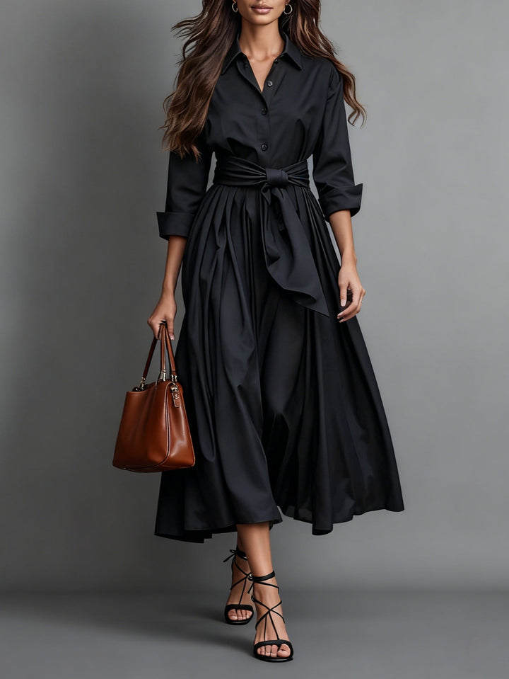 Elegante dames A-lijn overhemd midi jurk met riem; stijlvol en veelzijdig voor casual of feestelijke gelegenheden.