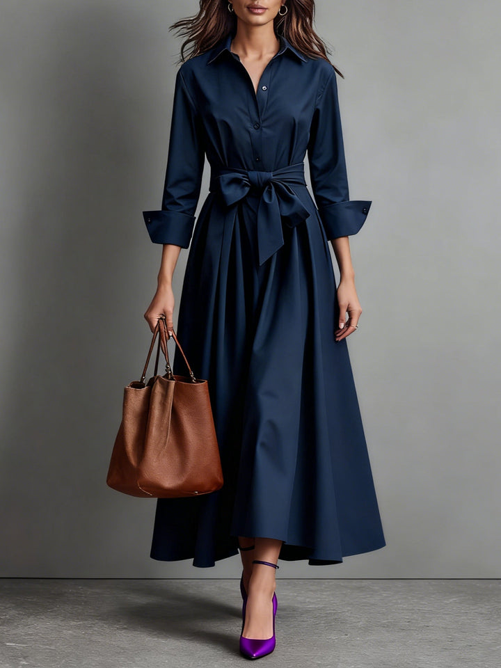Comfortabele dames midi overhemdjurk met 3/4 mouw en riem; perfecte casual jurk met veelzijdige pasvorm.