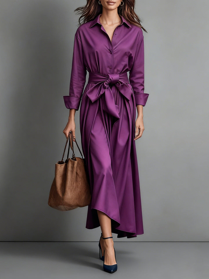 Trendy dames overhemd midi jurk, A-lijn model met riem accentueert de taille; ideaal als elegante feestjurk.