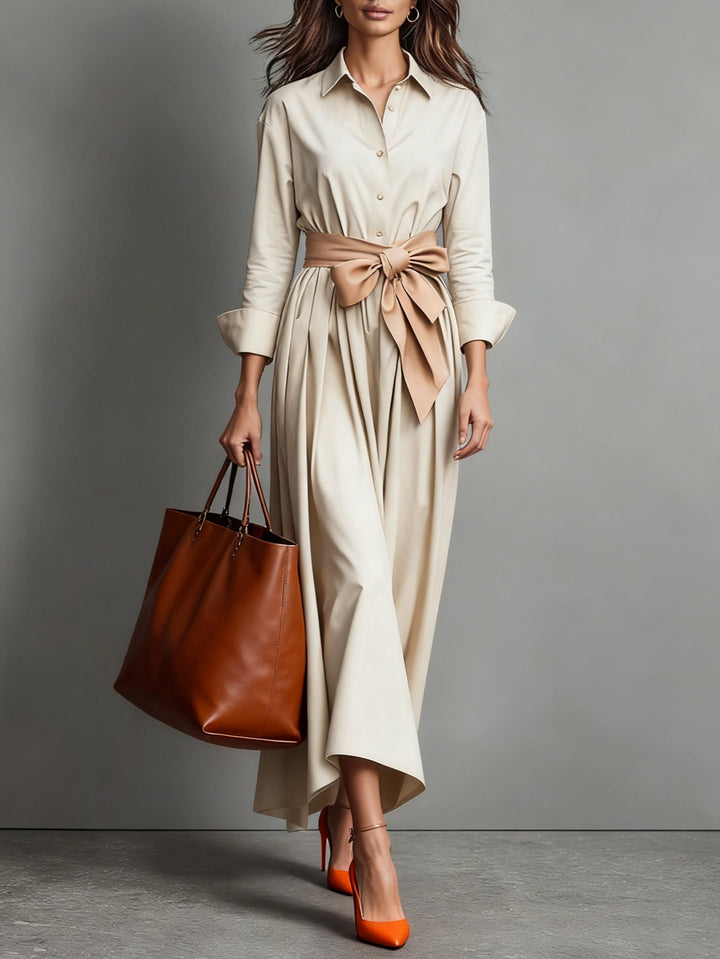 Veelzijdige dames midi overhemdjurk met riem; draagbaar als casual jurk, elegante kleding of feestjurk.