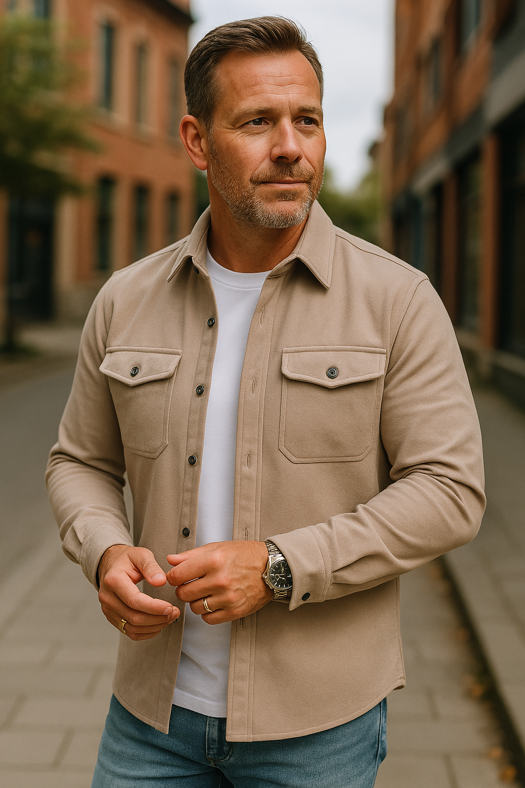 Beige herenoverhemd, lange mouw, modern en stijlvol, perfect voor zowel zakelijke als casual gelegenheden, vier seizoenen.