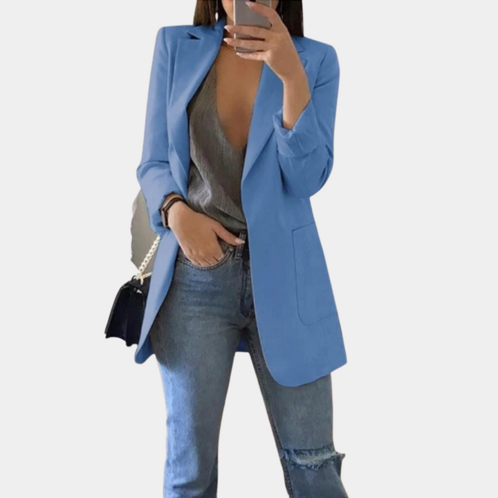 "Khaki lange blazer dames, elegant en stijlvol, veelzijdige keuze voor elke garderobe, ideaal voor formele en informele geleg