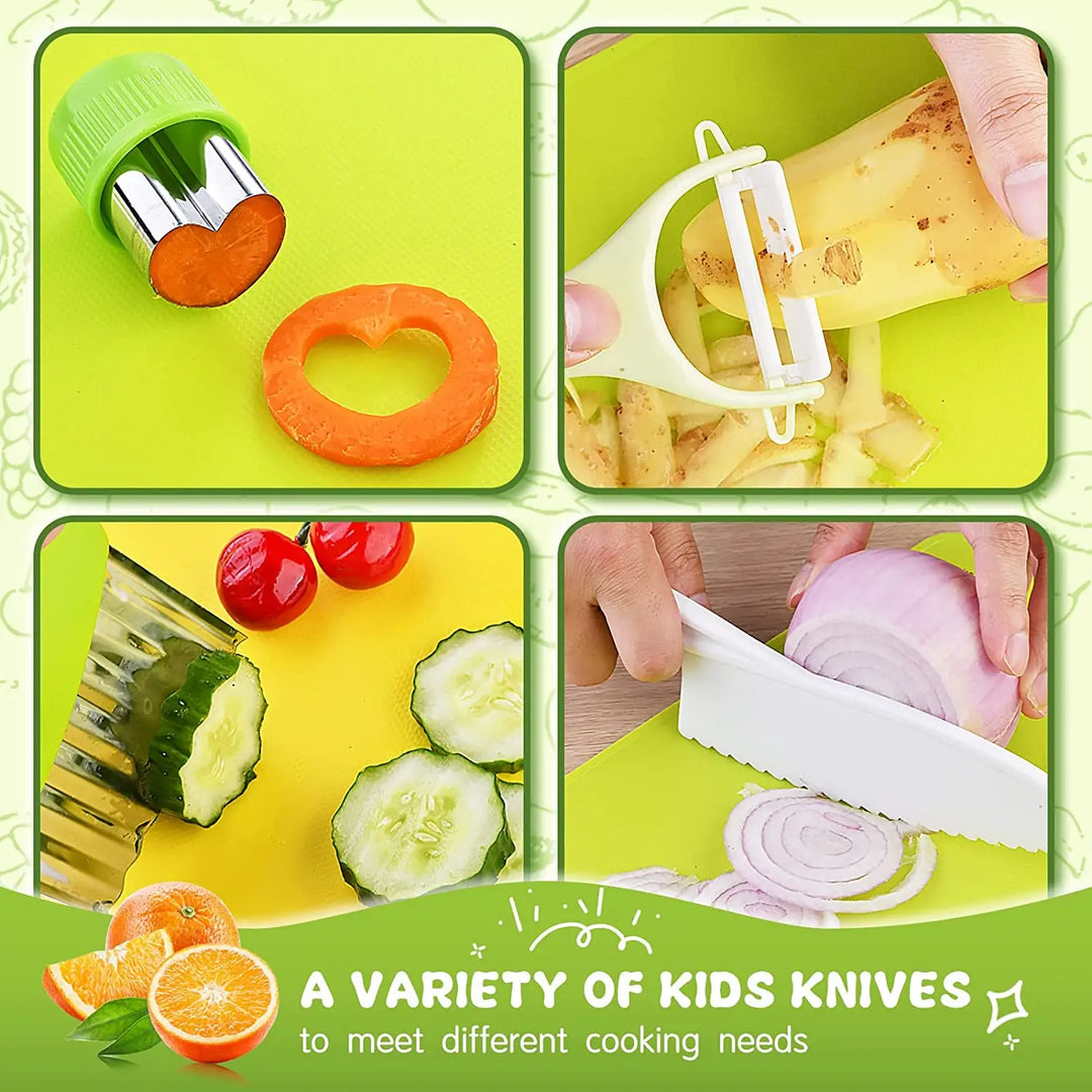 Kindvriendelijke keukenset voor kinderen, kleurrijke veilige messen en hulpmiddelen, bevordert leren en creativiteit.