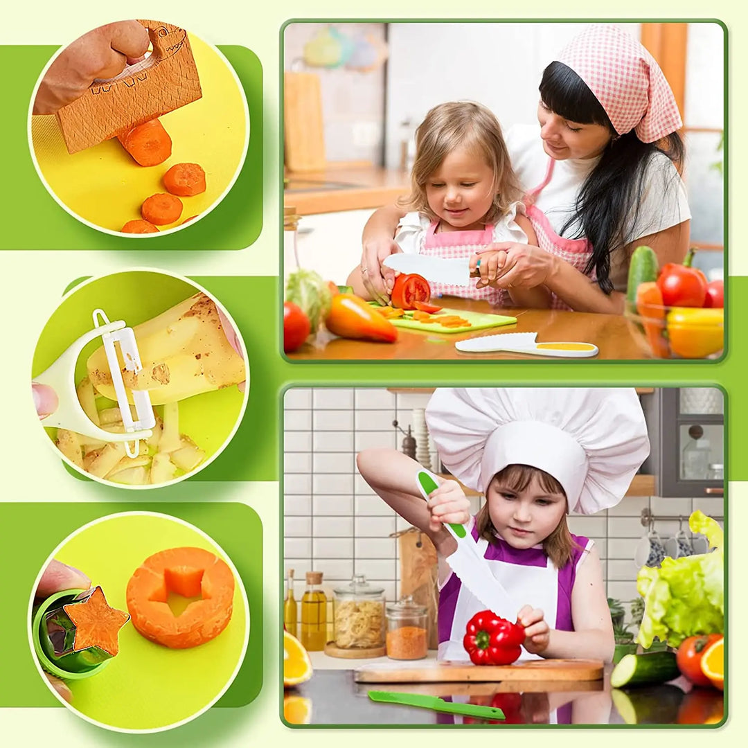 Kindvriendelijke keukenset voor kinderen, kleurrijke veilige messen en hulpmiddelen, bevordert leren en creativiteit.
