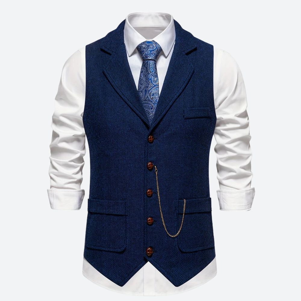 Klassiek herengilet met visgraatmotief, stijlvol en tijdloos, ideaal voor formele en zakelijke gelegenheden.