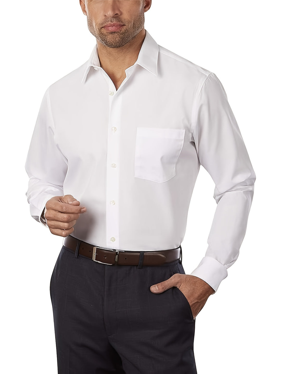 "Klassiek herenoverhemd van katoen-polyester met effen design, regular fit en reverskraag, ideaal voor formele gelegenheden."