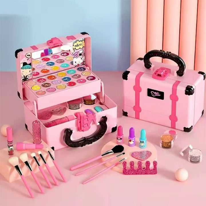 "Kleurrijke make-up set voor kinderen met lippenstift en oogschaduw, veilig en niet-toxisch voor creatief speelplezier."