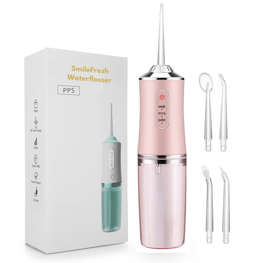 "Kleurrijke SmileFresh Waterflosser, optimale mondhygiëne met aanpasbare druk, 360° spuitkop, 220ML reservoir."