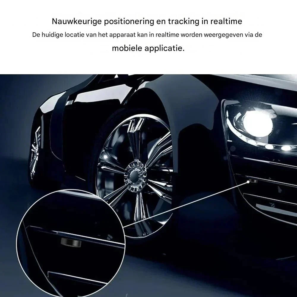 "Krachtige magnetische GPS-tracker, zwart, water- en schokbestendig, metalen bevestiging voor realtime voertuigtracking."