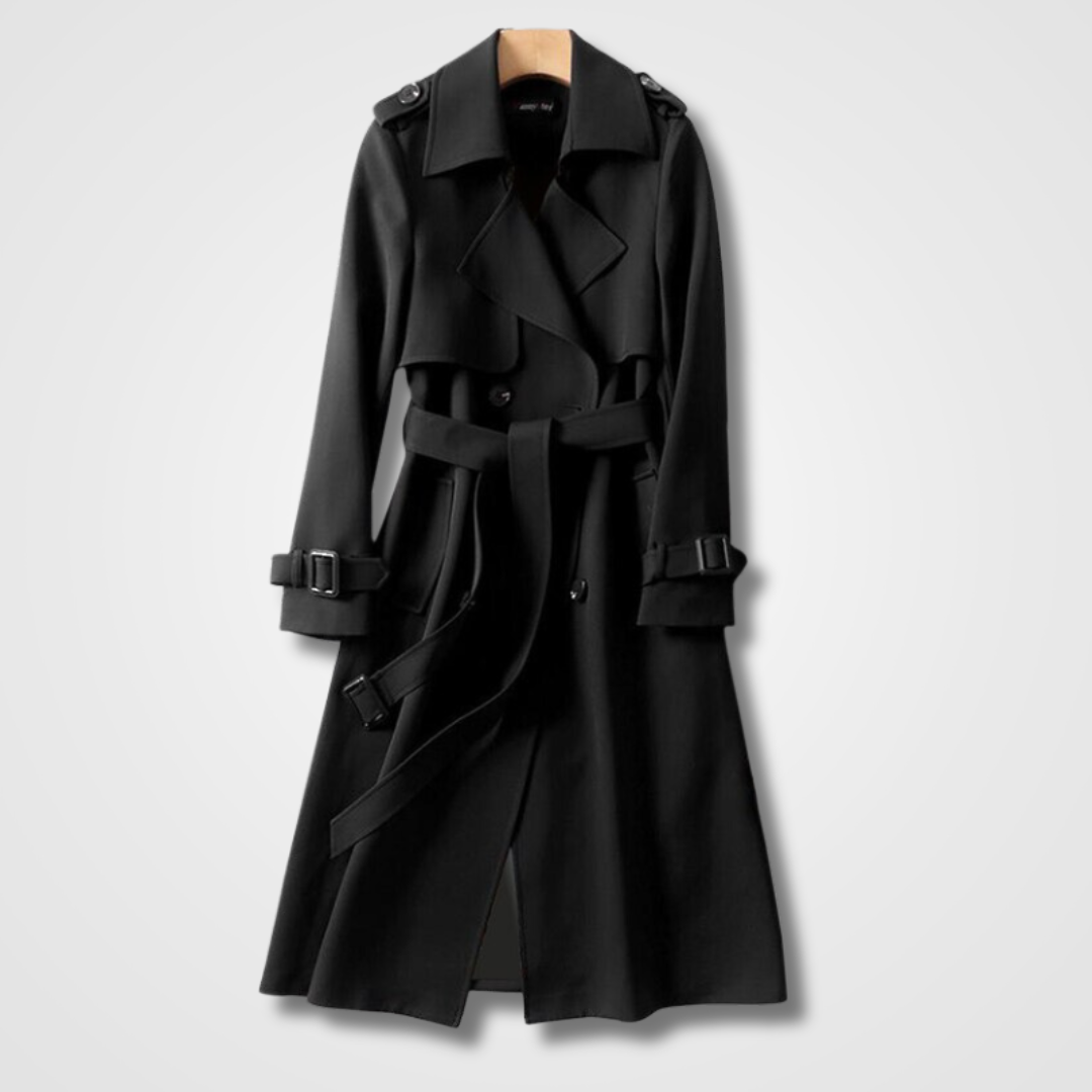 Lange dames trenchcoat met klassieke reverskraag en dubbele knoopsluiting, verkrijgbaar in diverse kleuren voor elegantie.