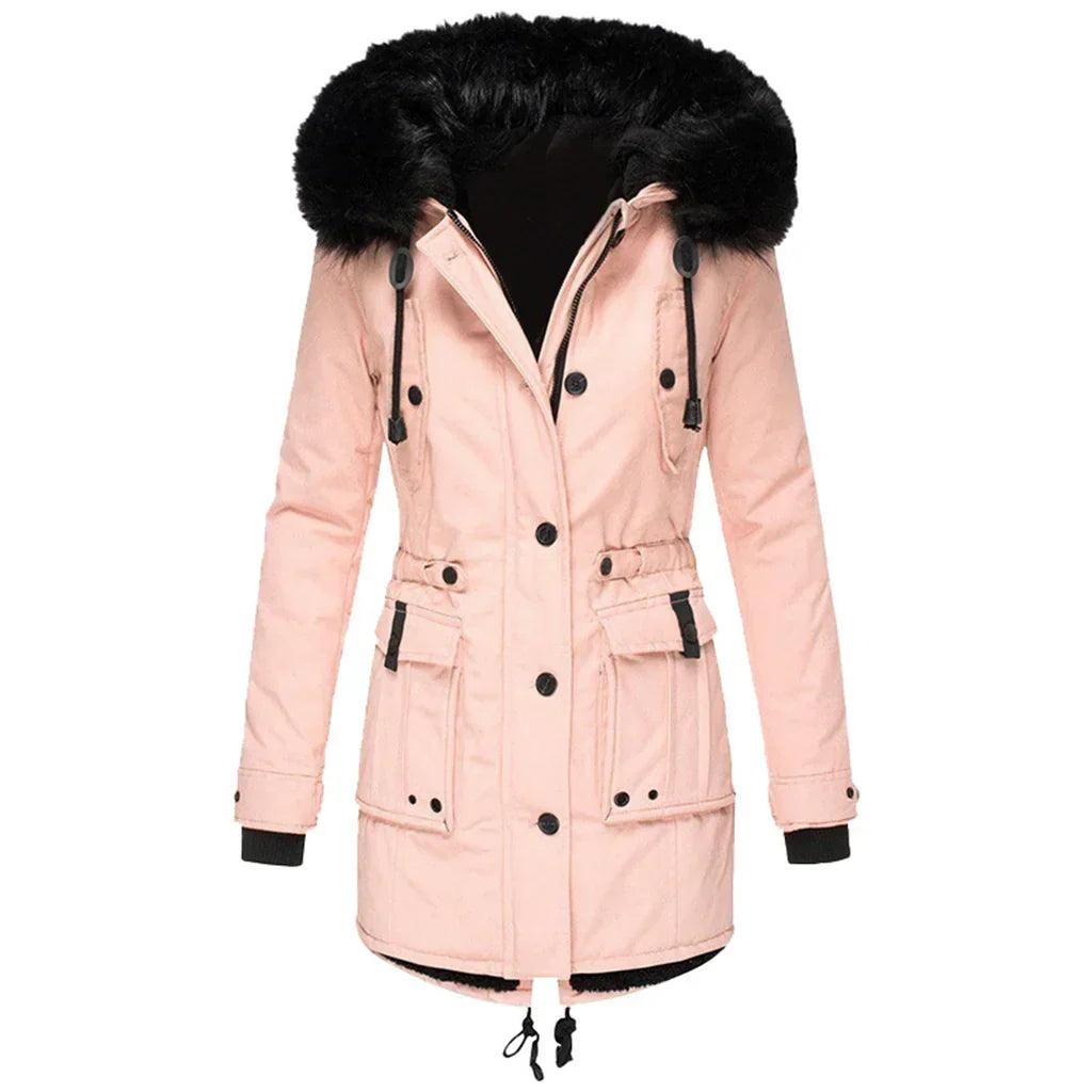 Lange dames winterjas met capuchon, gewatteerde stof en stevige rits, voor stijlvolle warmte en bescherming in de winter.