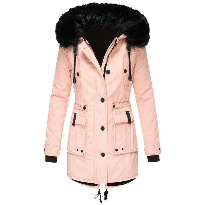 Lange dames winterjas met capuchon, gewatteerde stof en stevige rits, voor stijlvolle warmte en bescherming in de winter.