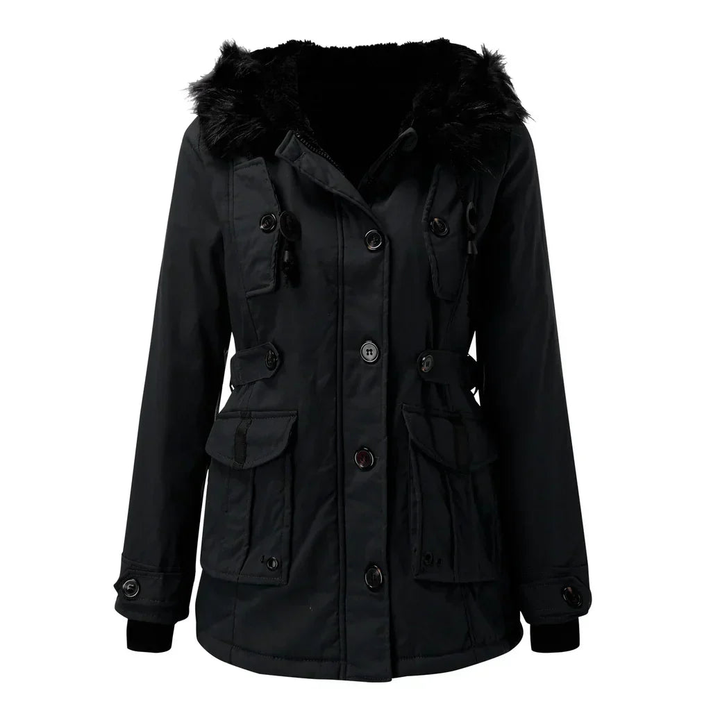 Lange dames winterjas met capuchon, gewatteerde stof en stevige rits, voor stijlvolle warmte en bescherming in de winter.