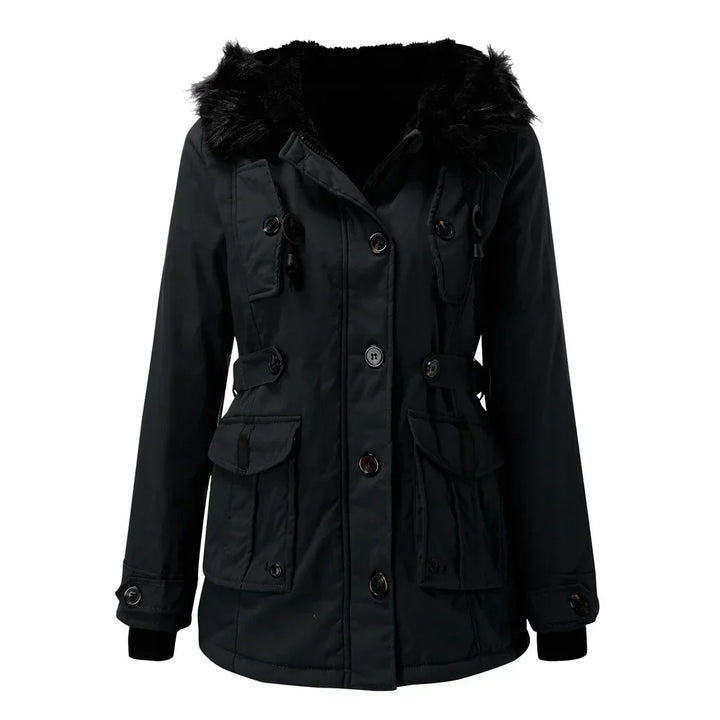 Lange dames winterjas met capuchon, gewatteerde stof en stevige rits, voor stijlvolle warmte en bescherming in de winter.