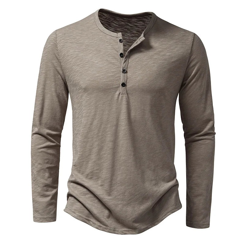"Lange mouwen Henley overhemd heren in effen kleur met knoopsluiting, stijlvol en comfortabel voor casual en geklede looks."