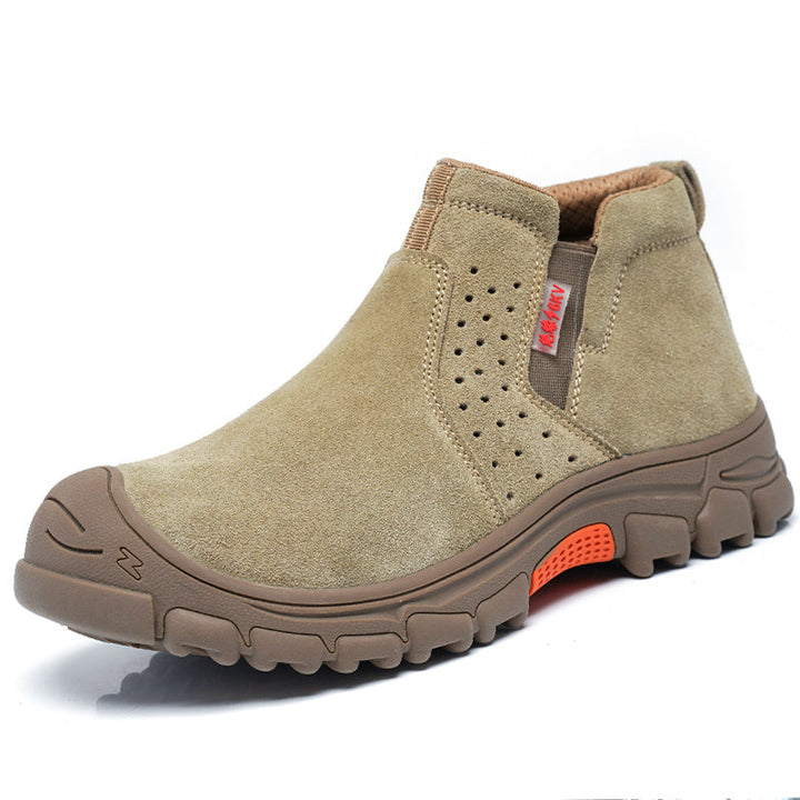 Khaki heren lichtgewicht werkschoenen met waterdichte instap. Anti-slip zool en beschermend voor alle seizoenen.