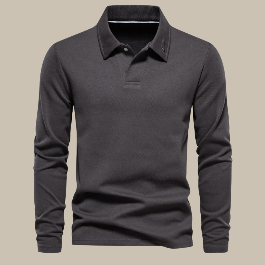 Donkergrijze heren polo met lange mouwen, elegante uitstraling, voorzijde.