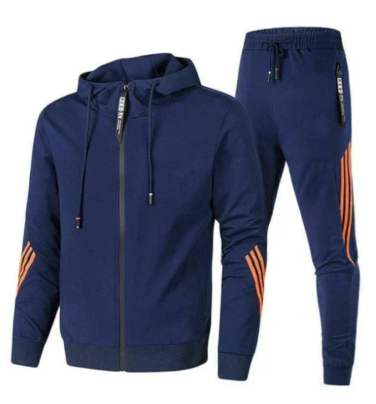 Modern heren trainingspak; een comfortabel tweedelig pak van katoenmix voor sportieve mannen. Vrijetijdskleding.