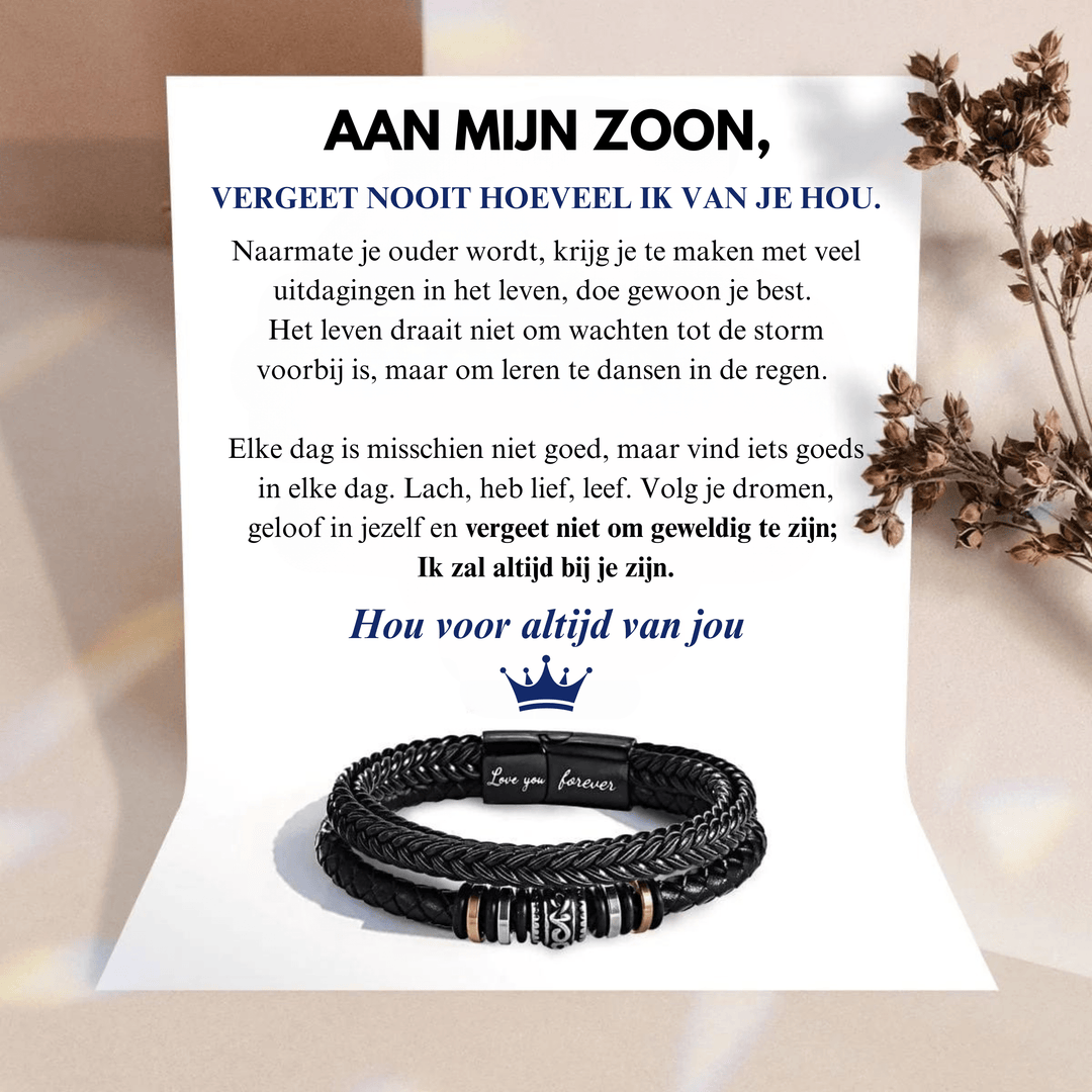 "Leren armband voor zoon met 'Love You Forever' gravure, gemaakt van bruin leer en roestvrij staal, stijlvol en emotioneel."
