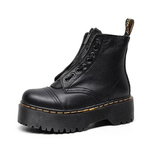 "Leren plateau laarzen dames, elegant echt leer, zwarte kleur, comfort en stijl voor dagelijks gebruik of speciale gelegenhed