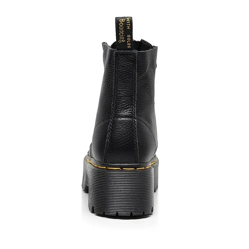 "Leren plateau laarzen dames, elegant echt leer, zwarte kleur, comfort en stijl voor dagelijks gebruik of speciale gelegenhed