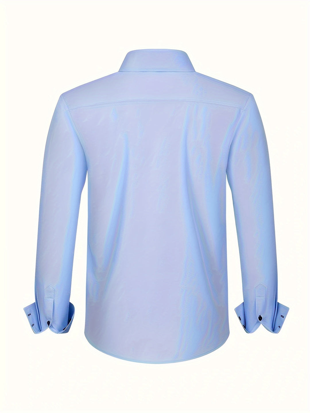 "Lichtblauw herenoverhemd, elegant dubbelrijig, met contrastmanchetten, perfect voor formele lente-evenementen."