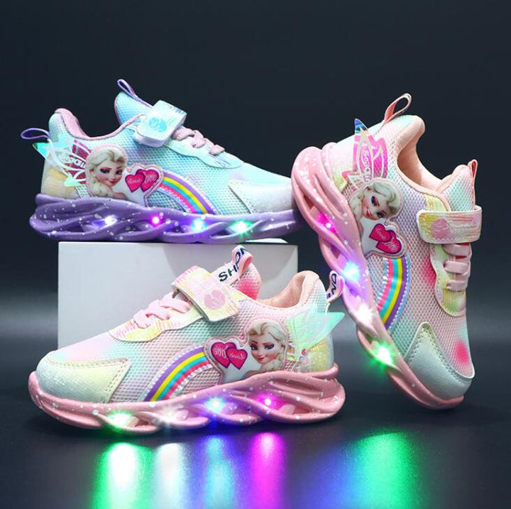 "Lichtgevende kindersneakers met Elsa thema en LED-lampjes, roze en paars, comfort en stijl voor meisjes."