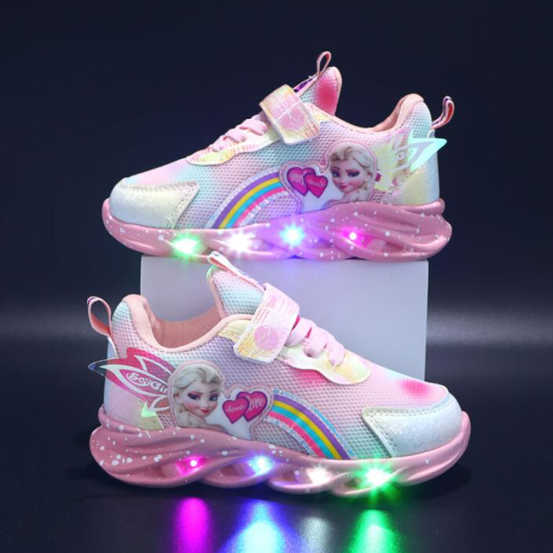 "Lichtgevende kindersneakers met Elsa thema en LED-lampjes, roze en paars, comfort en stijl voor meisjes."