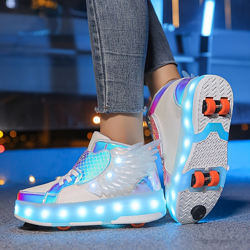 Lichtgevende oplaadbare kindervleugel rolschaats-sneakers met kleurrijke LED-verlichting en speelse vleugels voor avonturiers