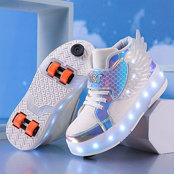 Lichtgevende oplaadbare kindervleugel rolschaats-sneakers met kleurrijke LED-verlichting en speelse vleugels voor avonturiers