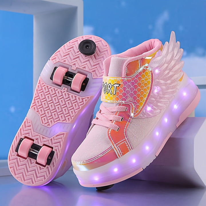 Lichtgevende oplaadbare kindervleugel rolschaats-sneakers met kleurrijke LED-verlichting en speelse vleugels voor avonturiers