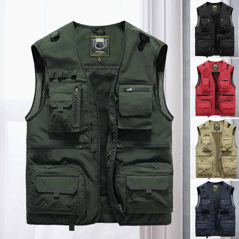 "Lichtgewicht ademend outdoorvest met meerdere zakken, ideaal voor wandelen en kamperen. Stijlvol en functioneel ontwerp."