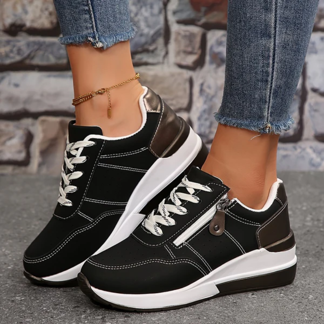 "Lichtgewicht orthopedische dames sneakers met zijrits, beige kleur, comfortabele gedempte zool, modern design."