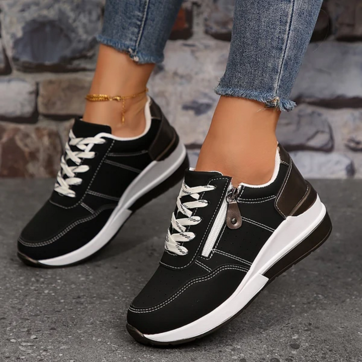"Lichtgewicht orthopedische dames sneakers met zijrits, beige kleur, comfortabele gedempte zool, modern design."