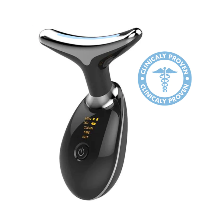 "LiftGlow EMS apparaat, handzaam design, grijs, voor verjongende gezicht- en halsbehandeling, verhoogt stevigheid."
