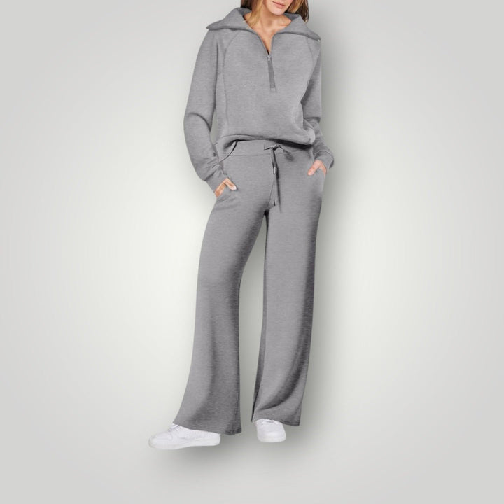 "Lilou luxe loungewear set voor dames, zachte neutrale tinten, gecoördineerd sweatshirt en sweatpants, stijlvol en comfortabe