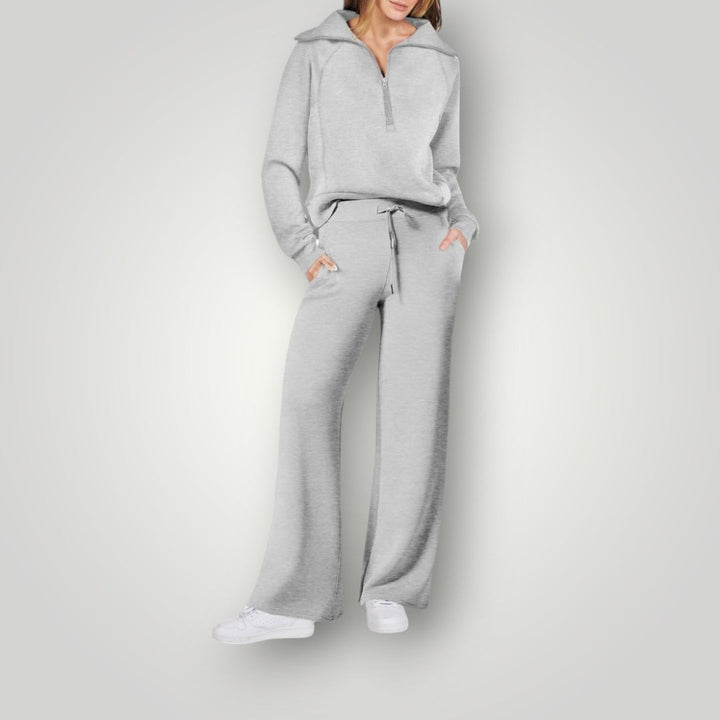 "Lilou luxe loungewear set voor dames, zachte neutrale tinten, gecoördineerd sweatshirt en sweatpants, stijlvol en comfortabe