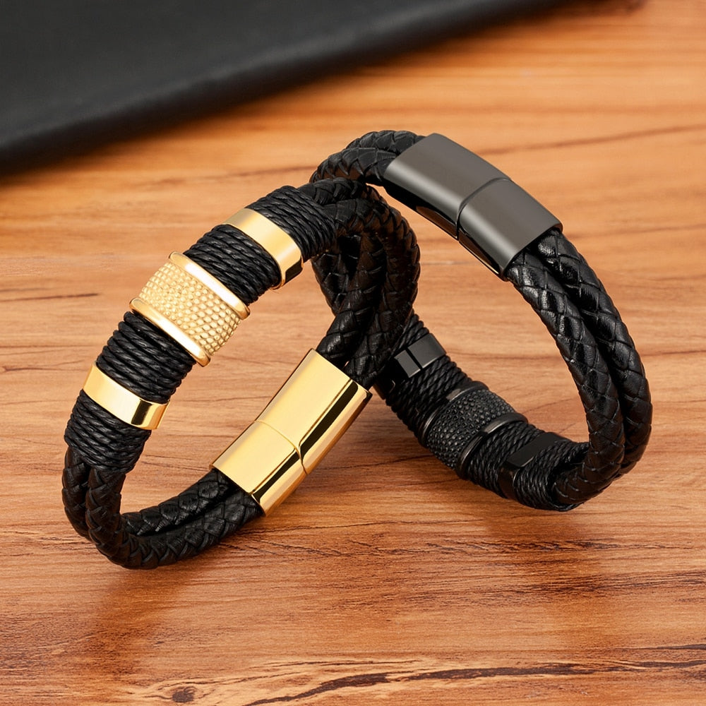 Duurzame herenarmband van gevlochten leer en roestvrijstaal, een tijdloos geschenk.